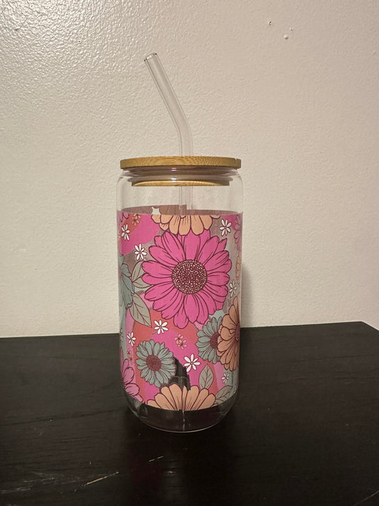 16oz glass cup pink flower